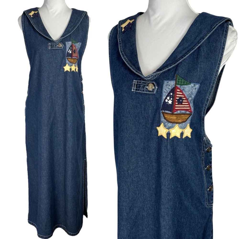 Vintage Nautical Denim Maxi Dress‎ Size L Jean Jumper Coastal Sailor Embroidered